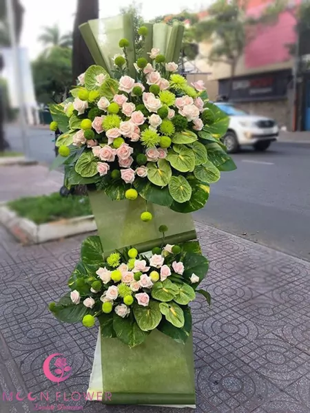 Lẵng hoa chúc mừng khai trương tông mầu xanh hồng