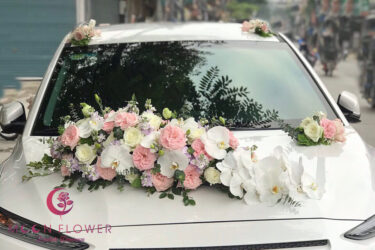 Trang trí xe hoa cưới màu hồng - Sánh đôi