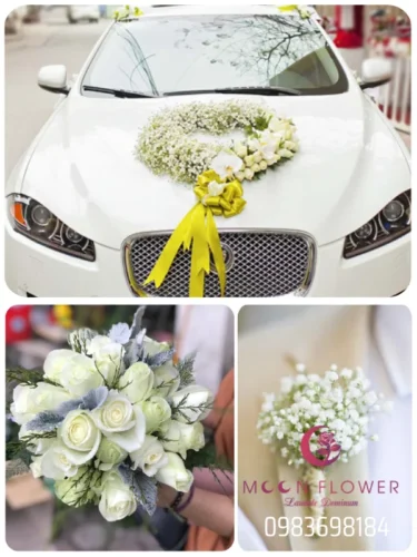 (SET6) Hoa trang trí xe cưới baby trắng- Mang Tin Yêu