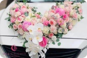 Hoa trên xe (SET21) Hoa trang trí xe cưới mầu hồng kem - Bên Nhau
