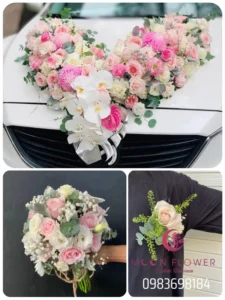 (SET21) Hoa trang trí xe cưới mầu hồng kem - Bên Nhau