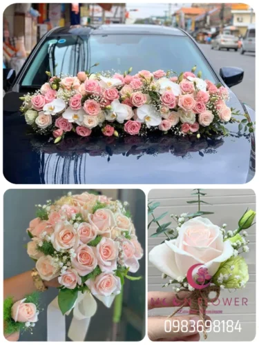 (SET24) Hoa trang trí xe cưới mầu hồng kem - Hạnh Phúc