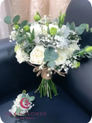 Hoa cầm tay cô dâu (SET29) Xe hoa cưới mầu trắng xanh lá - Sâu Đậm