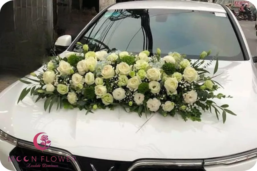 Hoa trên xe (SET33) Hoa trang trí xe cưới mầu trắng - Mãi có nhau
