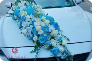Hoa trên xe (SET36) Hoa trang trí xe cưới mầu trắng xanh - Sắc Son