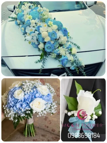 (SET36) Hoa trang trí xe cưới mầu trắng xanh - Sắc Son
