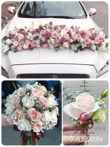 (SET42) Hoa trang trí xe cưới mầu hồng tím - Nồng Ấm