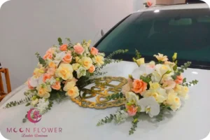 Hoa trên xe (SET45) Hoa trang trí xe cưới hồng cam - Hòa Quyện