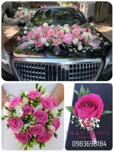(SET48) Hoa trang trí xe cưới mầu hồng thắm - Thấu Hiểu Nhau