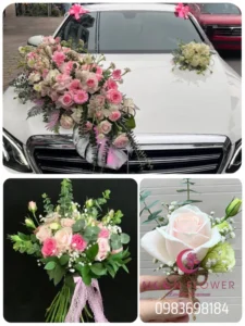 (SET51) Hoa trang trí xe cưới mầu trắng hồng - Hoan Hỷ