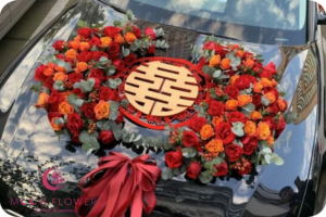 Hoa trên xe (SET53) Xe hoa cưới hồng đỏ cam - Niềm Vui Chung
