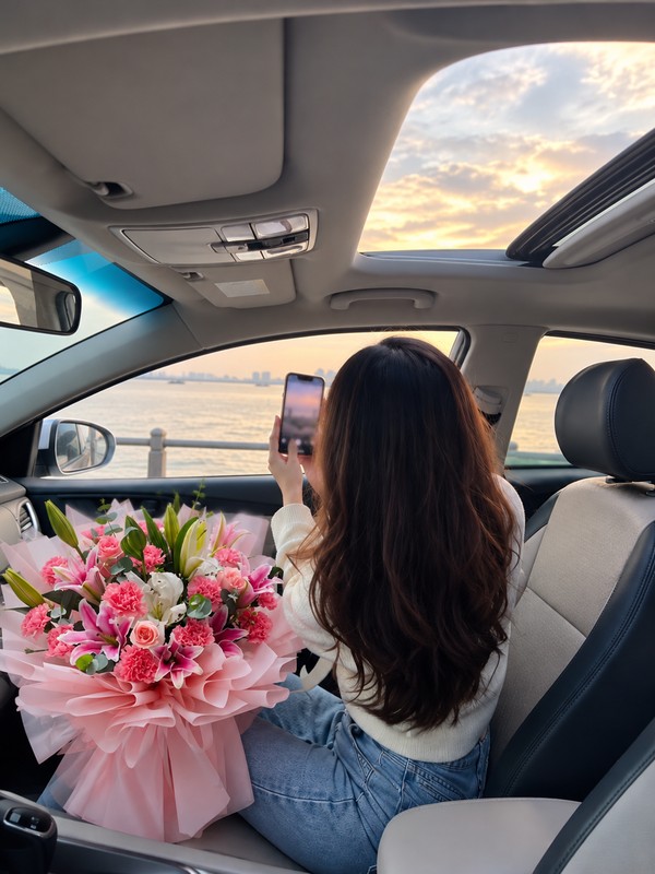 Bó hoa Preety Star nổi bật với không gian ô tô hiện đại sang trọng mang lại vẻ đẹp dịu dàng tinh tế