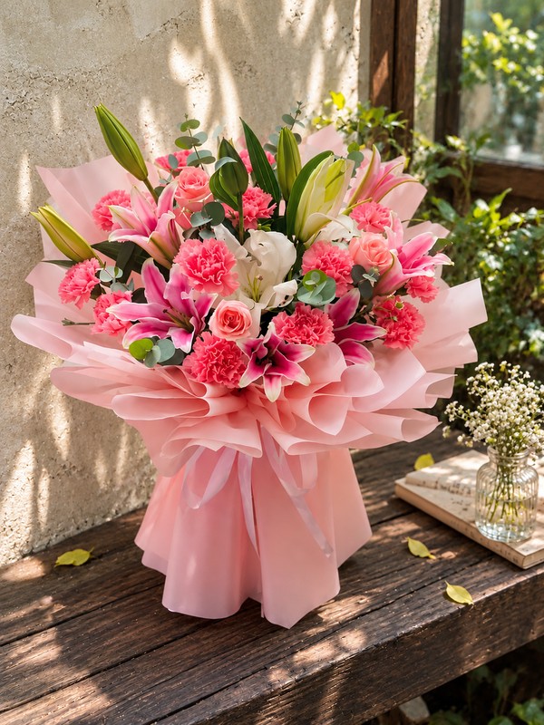 Bó hoa sinh nhật - Pretty Star trong không gian mộc mạc dưới ánh nắng tự nhiên tôn lên vẻ đẹp dịu dàng sang trọng