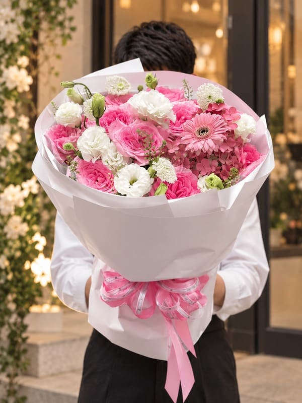 Bó hoa tặng sinh nhật Sương Mai Rực Rỡ hồng trắng tươi tắn kết hợp hoa hồng hoa cát tường hoa cẩm tú cầu mang nét mềm mại lãng mạn