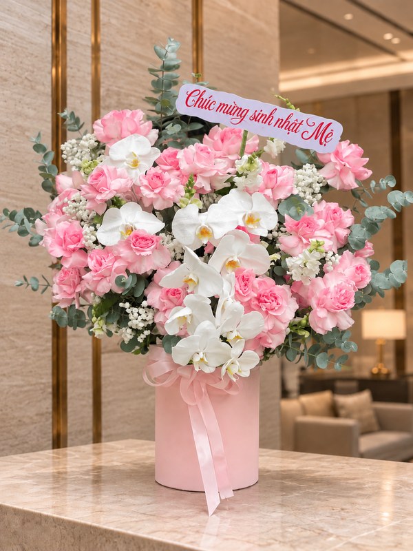 Giỏ hoa Giai Điệu Thanh Khiết chúc mừng sinh nhật mẹ tô điểm không gian sang trọng thêm ấm áp tinh tế và tràn đầy yêu thương