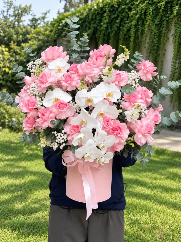 Giỏ hoa sinh nhật Giai Điệu Thanh Khiết nổi bật giữa không gian xanh mát mang vẻ đẹp dịu dàng sang trọng