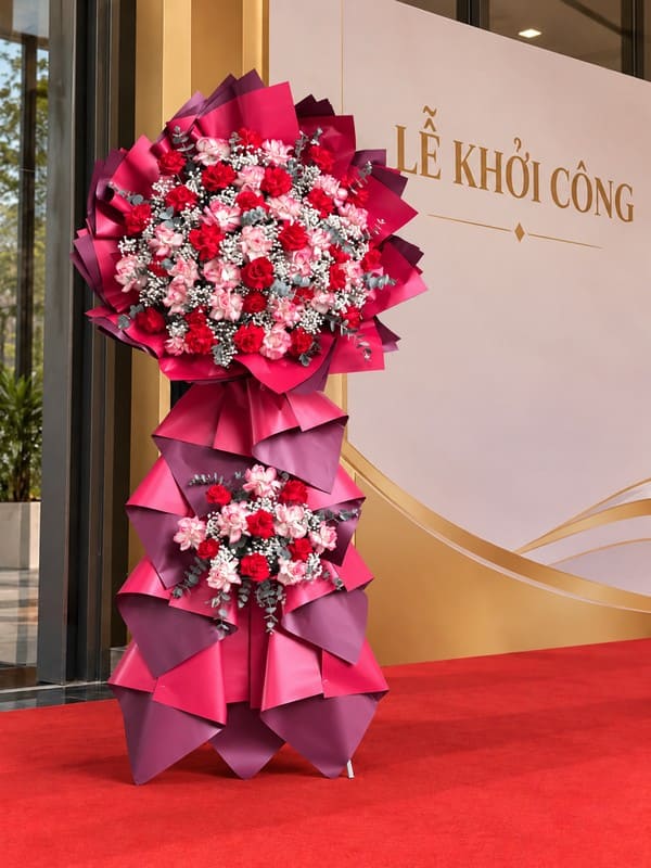 Lẵng hoa Đón Thời Vận tại buổi lễ chúc mừng khởi công toát lên không khí rực rỡ đầy khởi sắc may mắn