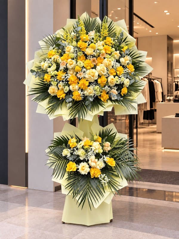 Lẵng hoa mừng khai trương - Bước Bứt Phá đặt trước sảnh của hàng quần áo tạo cảm giác không gian sang trọng vfa mới mẻ