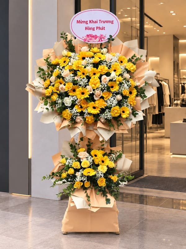 Lẵng hoa Gặp ngày tốt đầy nổi bật tại cửa hàng quần áo trong ngày khai trương 