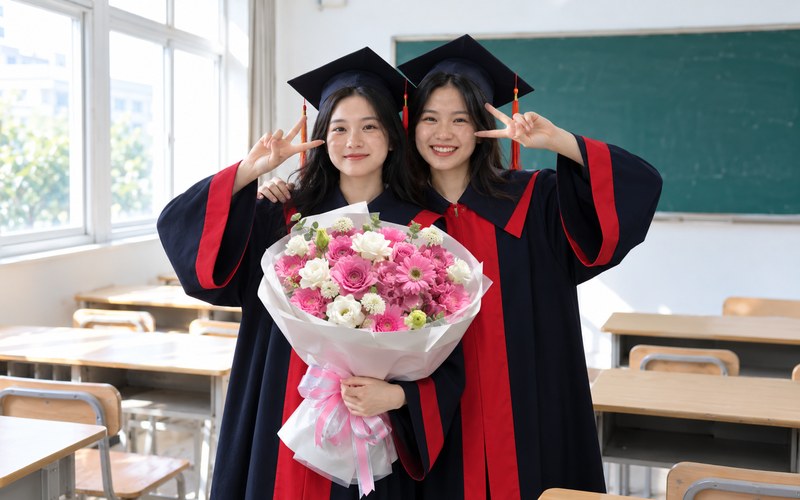 Bó hoa Sương Mai Rực Rỡ với tone hồng trắng nổi bật trong màu áo cử nhân càng làm tăng thêm không khí rạng rỡ vui vẻ trong dấu mốc tốt nghiệp đáng nhớ