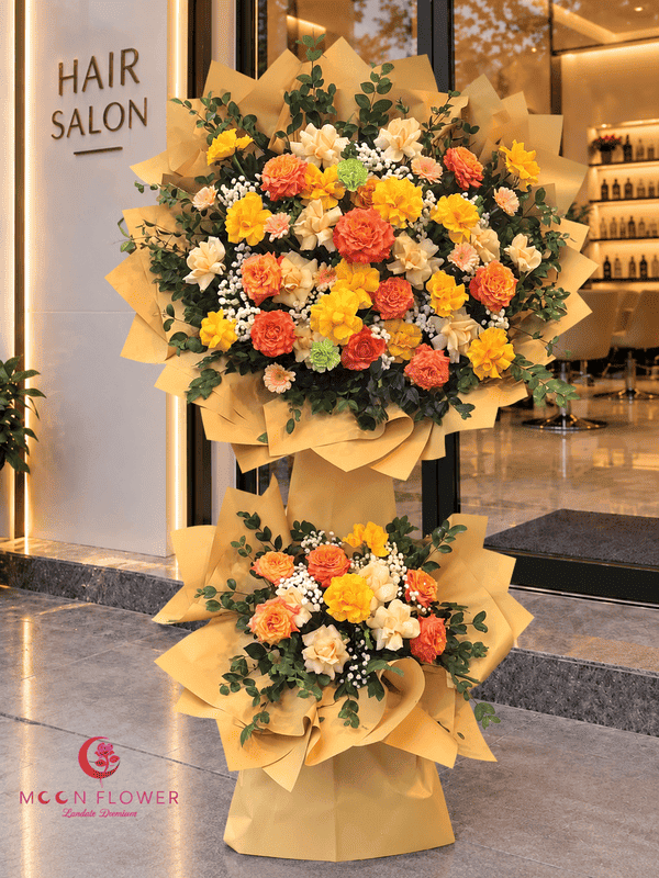 Lẵng hoa khai trương - Đắc Lộc tone màu rực rỡ như điểm nhấn ấn tượng đặt tại cửa hàng