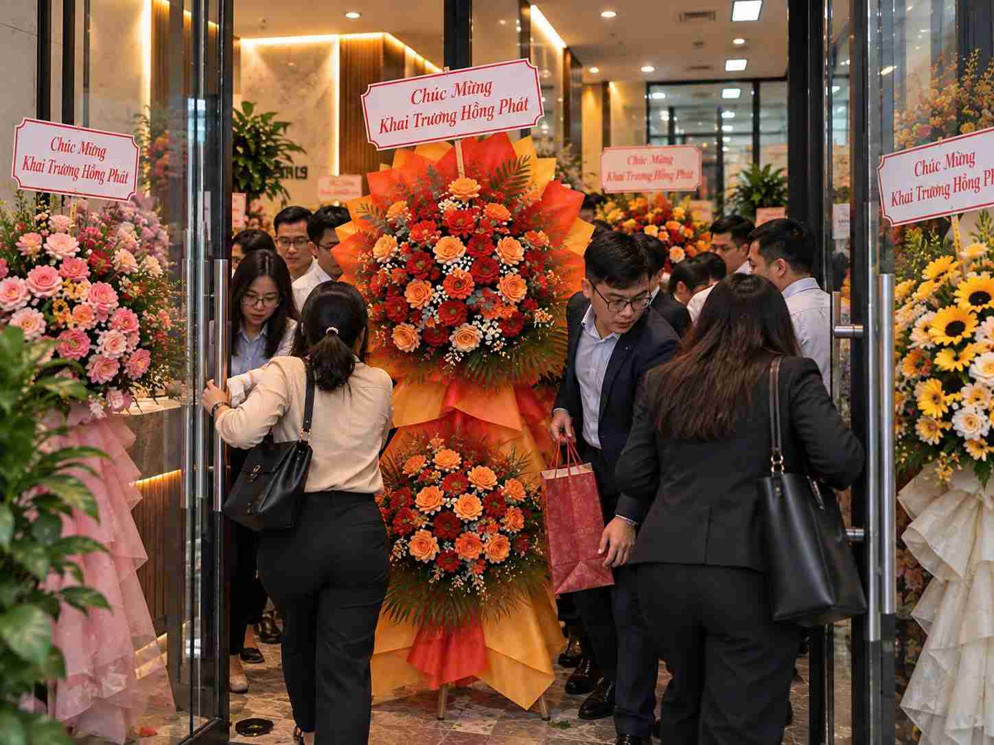 Lỗi chọn lẵng hoa chúc mừng có kích thước quá lớn so với không gian buổi lễ gây mất cân bằng mất hài hòa mất vẻ đẹp cảnh quan không tận dụng được vẻ đẹp của lẵng hoa